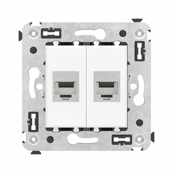 Компьютерная розетка RJ-45 без шторки в стену, кат.6 двойная экранированная, Avanti, белое облако Компьютерная розетка RJ-45 без шторки в стену, кат.6 двойная экранированная, Avanti, белое облако
