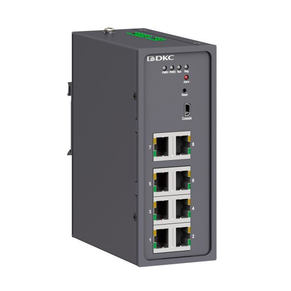 Промышленный управляемый коммутатор, 8×10/100Base-T(X) портов RJ45,консольный порт Mini USB, 24-48В DC (18-72В DC), с резервированием Промышленный управляемый коммутатор, 8×10/100Base-T(X) портов RJ45,консольный порт Mini USB, 24-48В DC (18-72В DC), с резервированием