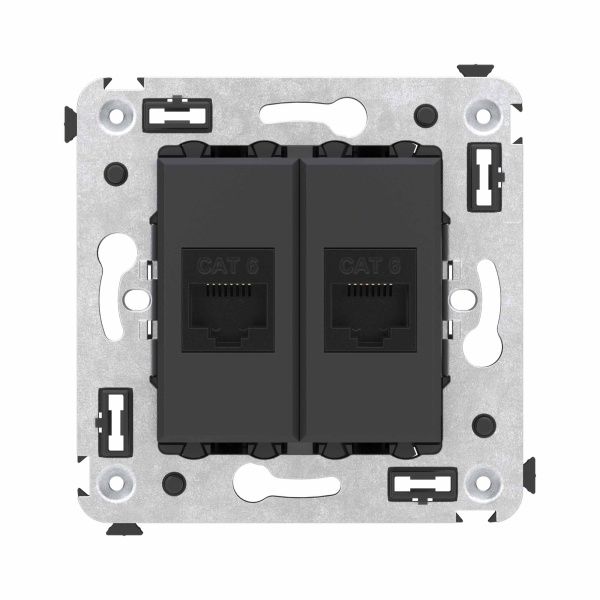 Компьютерная розетка RJ-45 без шторки в стену, кат.6 двойная, Avanti, черный матовый Компьютерная розетка RJ-45 без шторки в стену, кат.6 двойная, Avanti, черный матовый