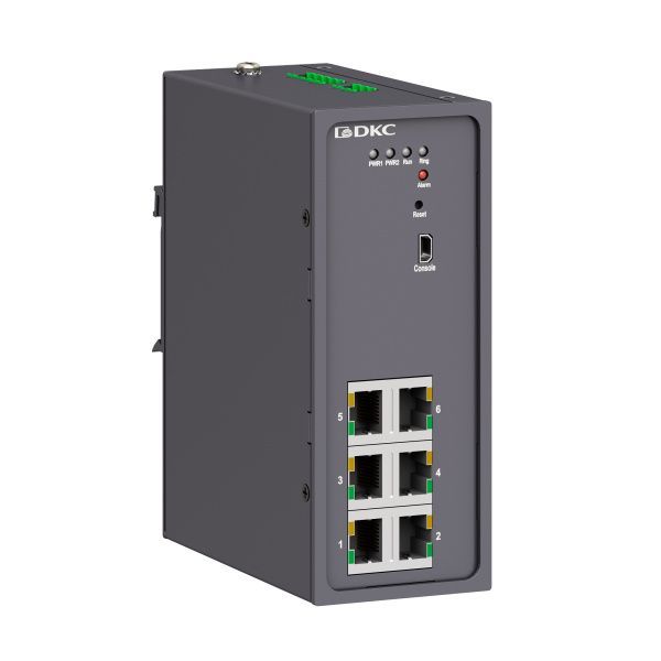 Промышленный управляемый коммутатор, 6×10/100Base-T(X) портов RJ45,консольный порт Mini USB, 24-48В DC (18-72В DC), с резервированием Промышленный управляемый коммутатор, 6×10/100Base-T(X) портов RJ45,консольный порт Mini USB, 24-48В DC (18-72В DC), с резервированием