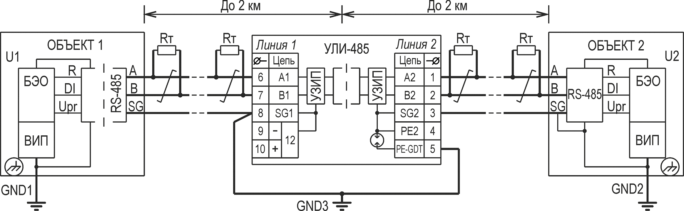 Удлинитель линий интерфейса RS-485 УЛИ-485. Изображение 1 Удлинение линии связи с гальванической развязкой между объектами до 4 км