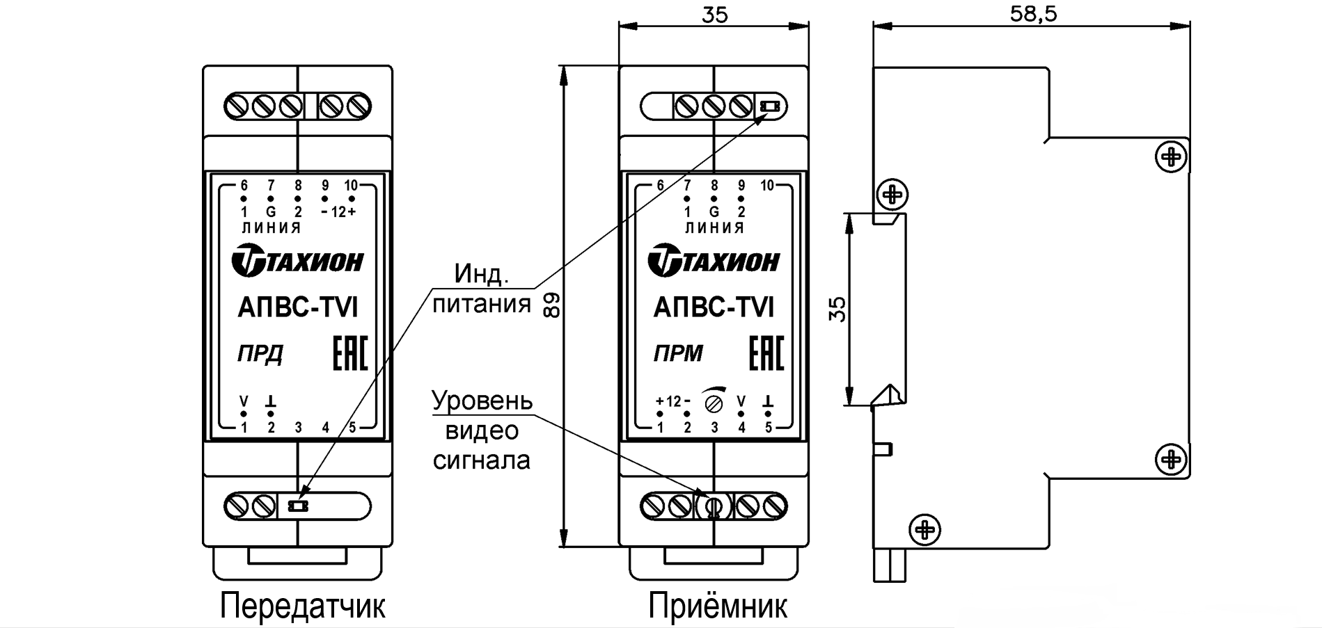 Аппаратура передачи видеосигнала по витой паре АПВС-TVI. Изображение 1 Устройство и габаритные размеры АПВС-TVI