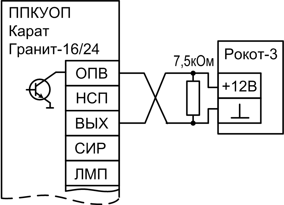 Схема подключения Рокот-3 к ППКУОП Карат, Гранит-16,-24 «Рокот-3», вариант 2 Прибор управления с акустической системой и световым табло. Изображение 1